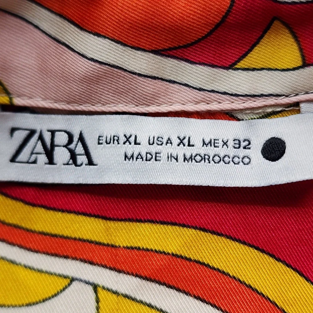 Zara Tie Front Blouse Womens XL Psychedelic Retro Floral Boho Festival Orange - Picture 6 of 14